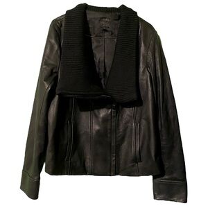 Gap Black 100% Leather Moto Jacket with Wool Blend Ribbed Drape Collar